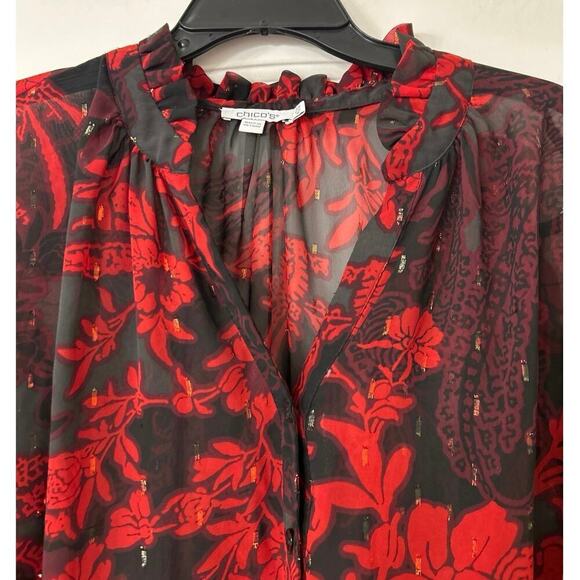 CHICO’S Sheer Floral Ruffle Button Down Chiffon Blouse Size 18 (3.5) Whimsigoth - Picture 5 of 12